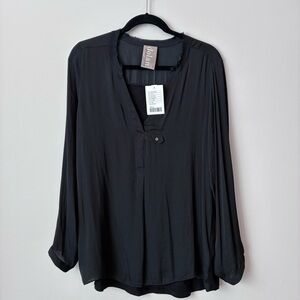 NWT Anthropologie Black Blouse V Neck distressed collar jersey back